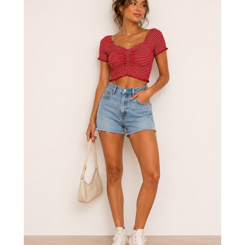 Lulus Red White Striped Cropped Short Sleeve Tee Womens XS Ruched Girly Ruffled
